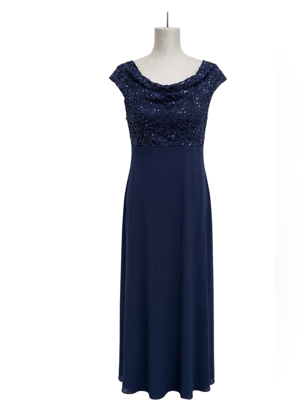 connected apparel Navy Sequin Lace Cowl-Neck Maxi Dress